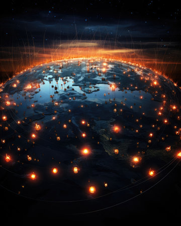 Earth at night with glowing lights as a symbol of global communication.の素材