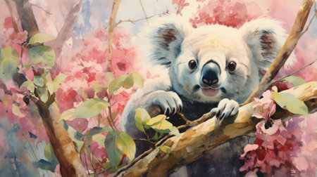 koala bear on a tree branch with pink flowersの素材