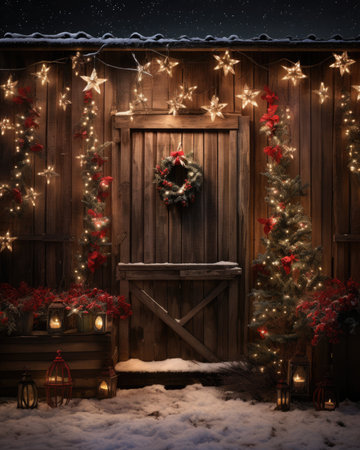 Christmas decoration on wooden door at night.Vintage style.の素材