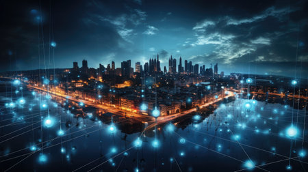 Modern city at night with digital connection concept.の素材