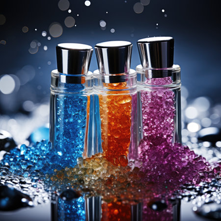 Perfume bottle with colorful crystals on dark background, closeupの素材