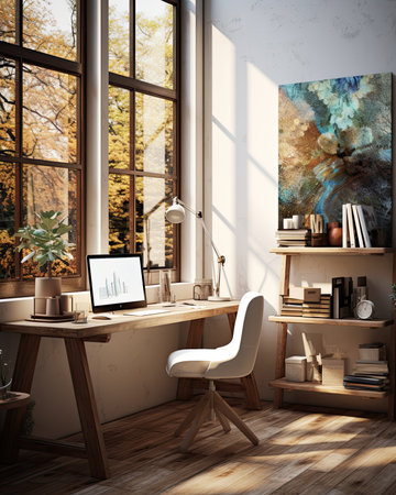 Interior of modern office with wooden walls, wooden floor, white armchair and computer on the table.の素材