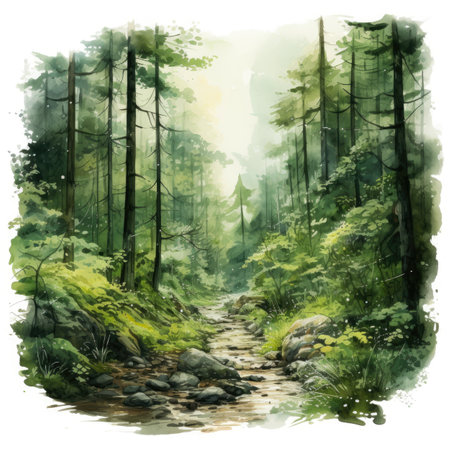 Watercolor forest landscape with a stream and treesの素材