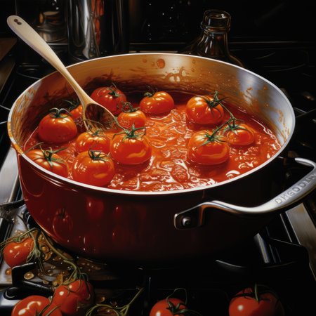 Tomatoes cooked in tomato sauce in a pan on a gas stoveの素材