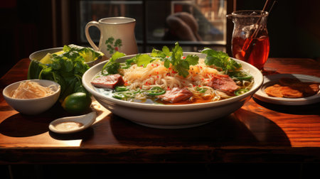 japanese udon noodle with chopsticks on wooden tableの素材