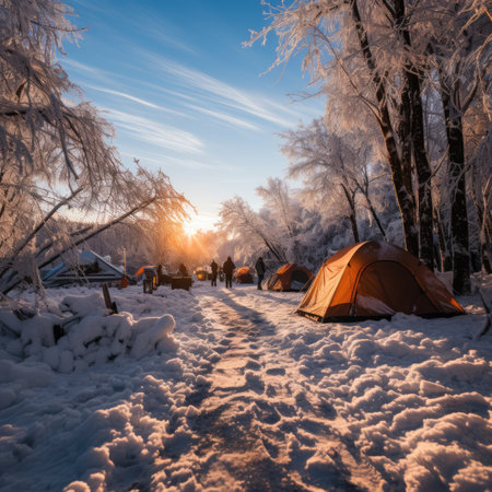 Camping in the winter forest at sunset. Beautiful winter landscape.の素材