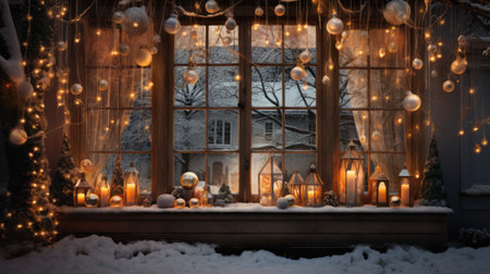 Christmas decorations on the windowsill of a country house in the snowの素材