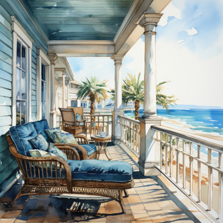 Terrace with sea view, blue armchair and palm treeの素材