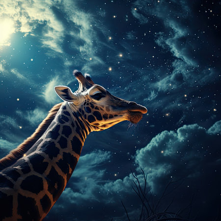 Giraffe in the night sky with stars.の素材