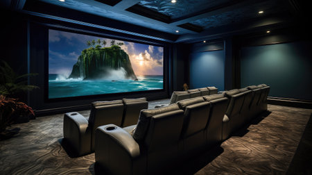 a cinema interior with a waterfall in the backgroundの素材