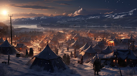 Fantasy winter landscape with a small village.の素材