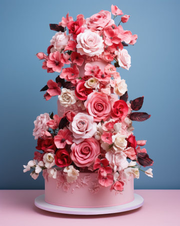 Wedding cake with pink and red flowers on blue background.の素材