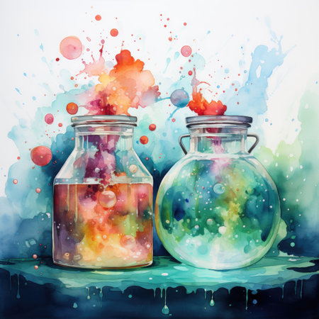 Colorful watercolor paint splashes in glass jars.の素材