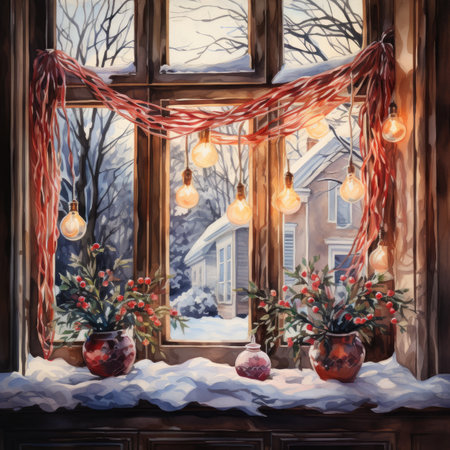 Winter landscape with snow covered window. Christmas decoration in the village.の素材