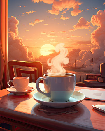 Cup of coffee on the table in cafe at sunset.の素材