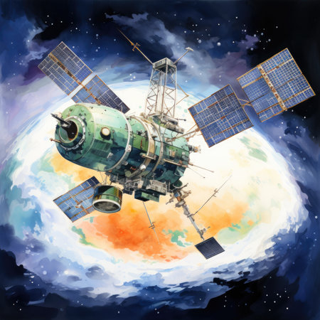 Watercolor Space station on the background of the moonの素材