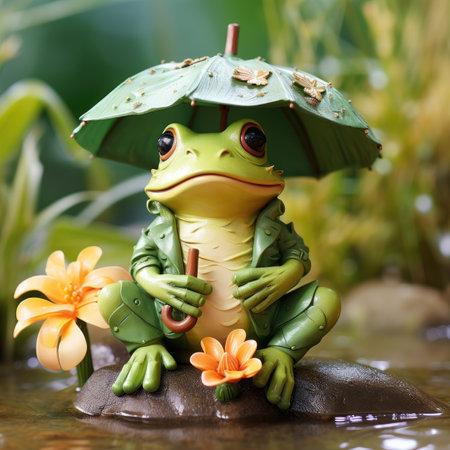 Frog sitting on a rock with umbrella and flower in the rainの素材