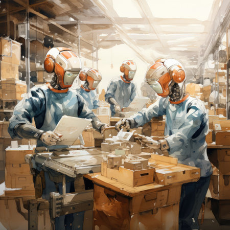 Group of robots working in warehouse. Industrial and industrial workers.の素材