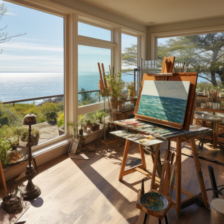 Interior of a modern artist's studio with a view of the seaの素材