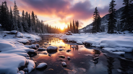 Majestic sunset over mountain river. Dramatic sky. Winter wonderland. Beauty world.の素材
