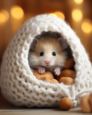 Cute little hamster in a knitted hat on a wooden backgroundの素材