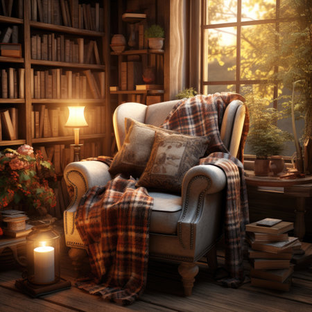 Comfortable armchair with plaid, bookshelf and burning candles.の素材