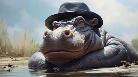 Hippopotamus in a hat floating in the water.の素材