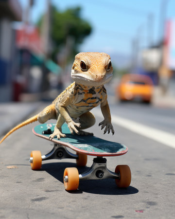 Lizard on skateboard in the cityの素材