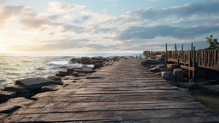 Wooden pier on the sea with blue sky and clouds background.の素材
