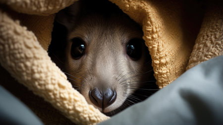 Cute little baby dog hiding under blanket. Close-up.の素材