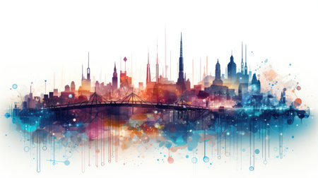 Panoramic view of the city and the bridge.の素材