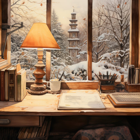 Wooden table with books, lamp and cup of coffee on the windowsillの素材