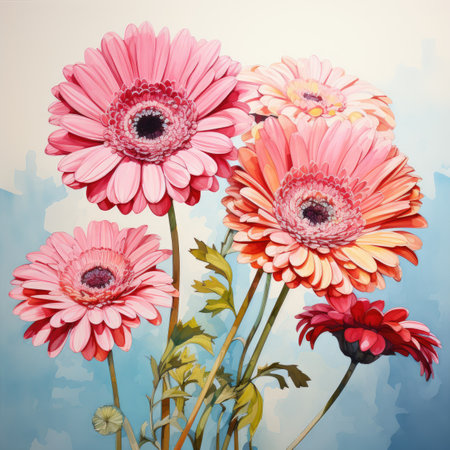 Bouquet of pink gerbera flowers on a blue backgroundの素材