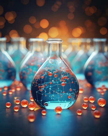 Laboratory glassware with molecular structure on dark background.の素材