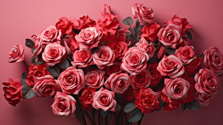 Bouquet of red roses on a pink background, top viewの素材