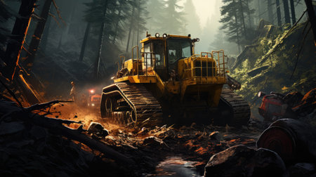 Yellow bulldozer in the middle of the forest.の素材