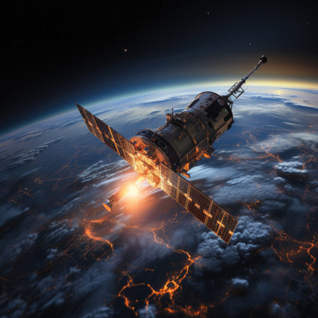 International Space Station orbiting the Earth in outer space.の素材