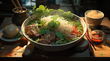 Rice noodles with beef and vegetables in a bowl on the tableの素材