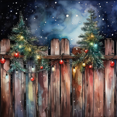Watercolor Christmas tree on a wooden fence at night.の素材