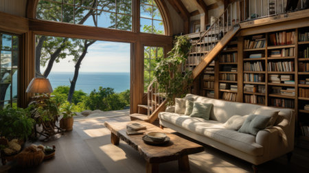 Cozy living room with sofa and bookshelf on the balcony overlooking the seaの素材