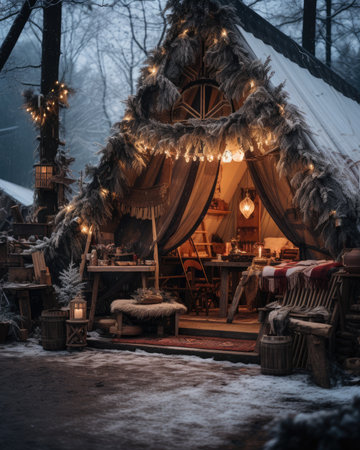 Christmas cottage in the forest at night with lights and decorations. Beautiful winter landscape.の素材