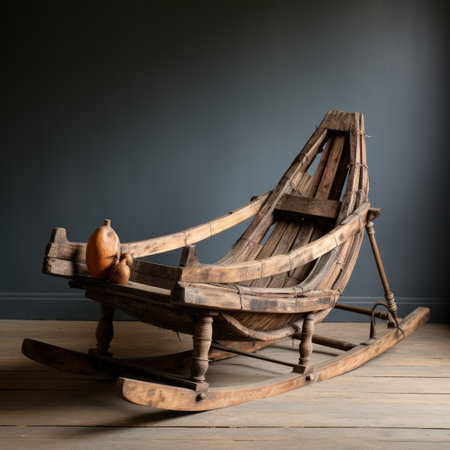 Old wooden rocking chair on a wooden floor in a dark room.の素材