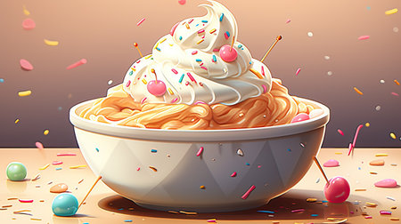 a bowl of ice cream with whipped cream and cherryの素材