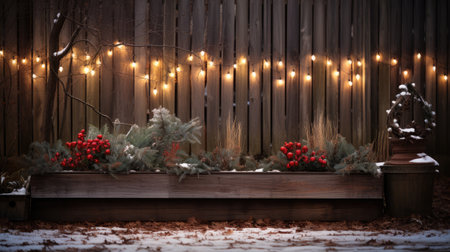 Wooden bench with christmas decorations in front of a wooden wallの素材