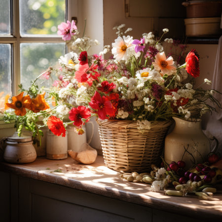 beautiful bouquet of flowers in a basket on the windowsillの素材