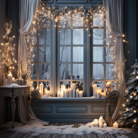 Christmas interior. Christmas tree, candles and snow.の素材