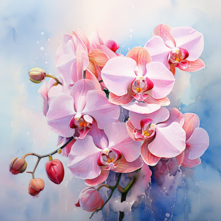 Pink orchids on a blue background. Floral background.の素材