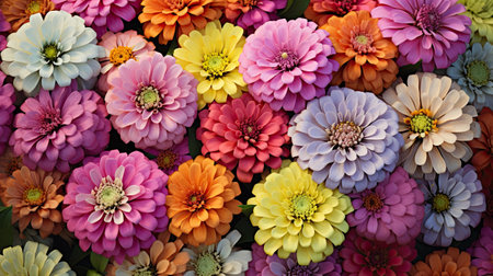 Multicolored zinnia flowers as a background, top viewの素材