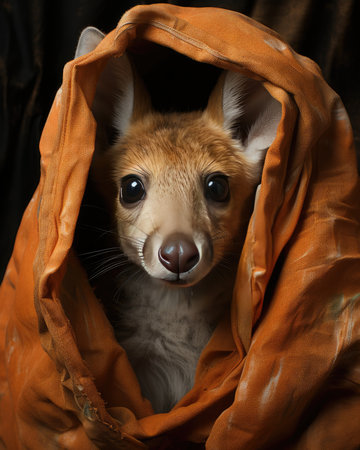 Portrait of a cute little fox in orange cloth. Studio shot.の素材