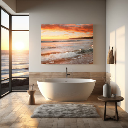 Bathroom interior with panoramic view of the sea.の素材